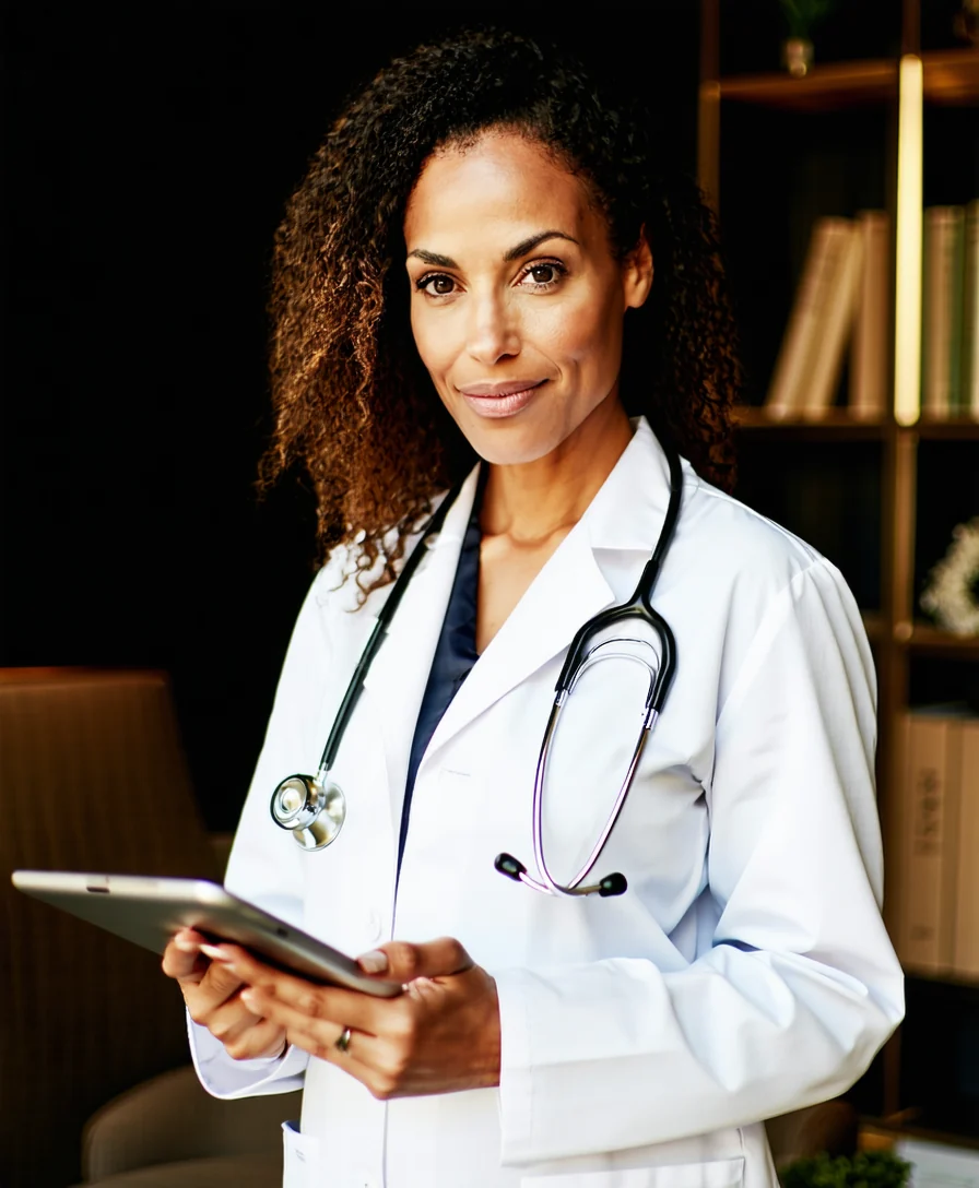 Médica revisando a saúde financeira da clínica com a Prove Med, em Niterói/RJ