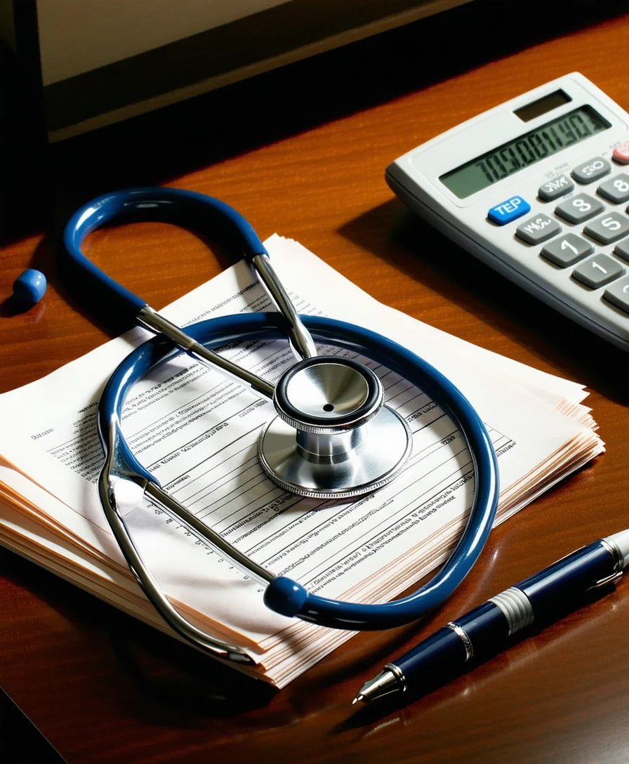 Estetoscópio sobre documentos financeiros e calculadora — medicina e contabilidade lado a lado